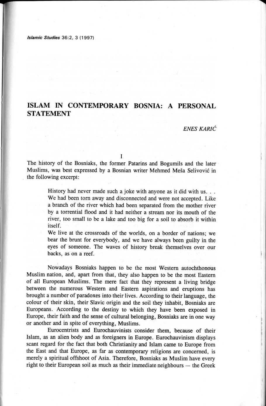 Islam in Contemporary Bosnia: a personal statement